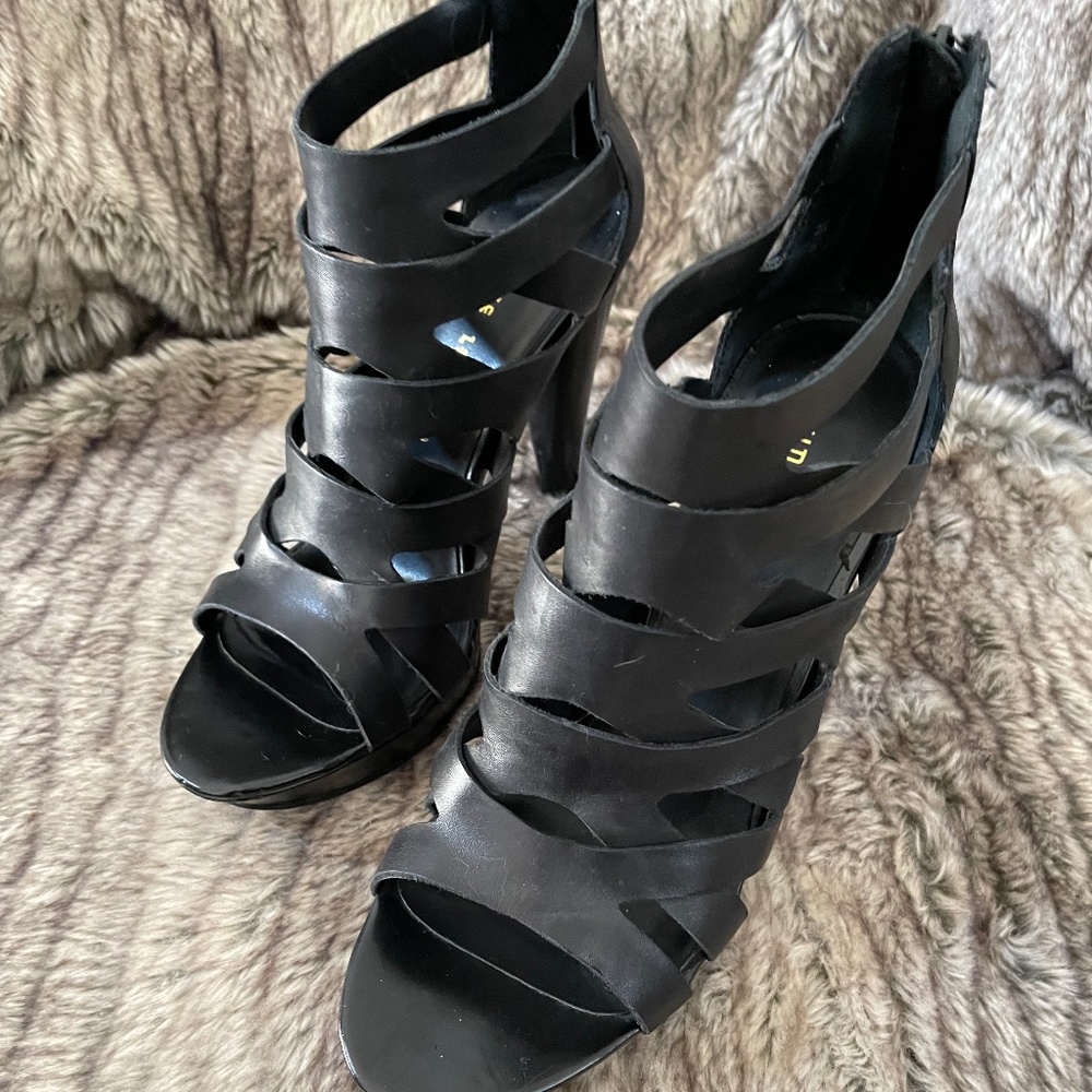 shoes, black, strapy, platform, heel approximately 3-inches size 8.5